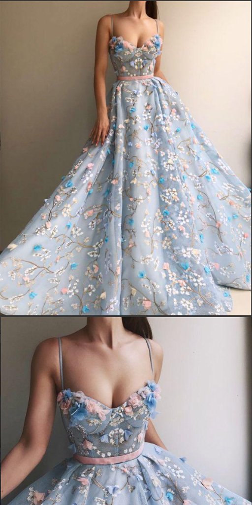 Spaghetti Strap Blue Tulle Applique Long Prom Dresses ,Cheap Prom Dresses,PDY0446