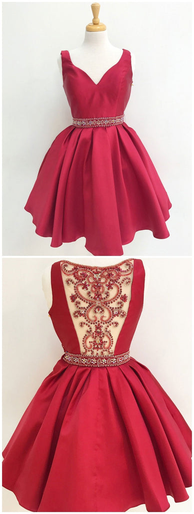 V Neck Red See Through Beading Custom Cheap Homecoming Dresses 2018, BDY0229