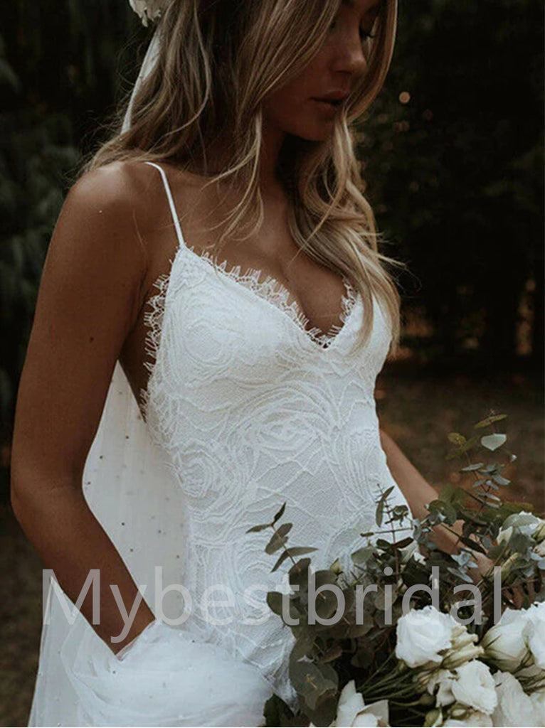 Sexy Spaghetti straps V-neck Mermaid Lace applique Wedding Dresses,WDY0308