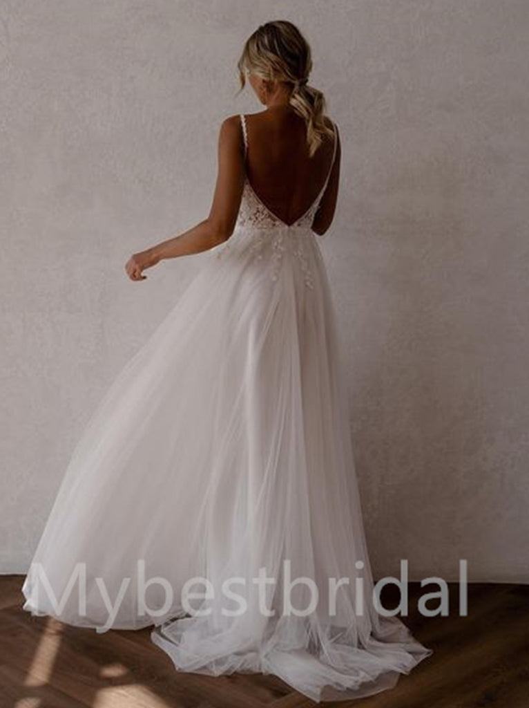 Sexy V-neck Spaghetti straps A-line Side slit Wedding Dresses, WDY0239