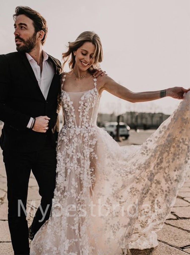 Sexy Spaghetti straps Square neckline A-line Wedding Dresses, WDY0204