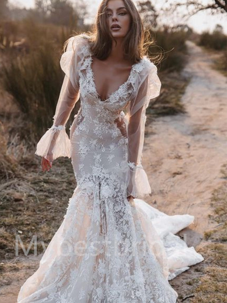 Sexy V-neck Long sleeves Mermaid Wedding Dresses, WDY0203