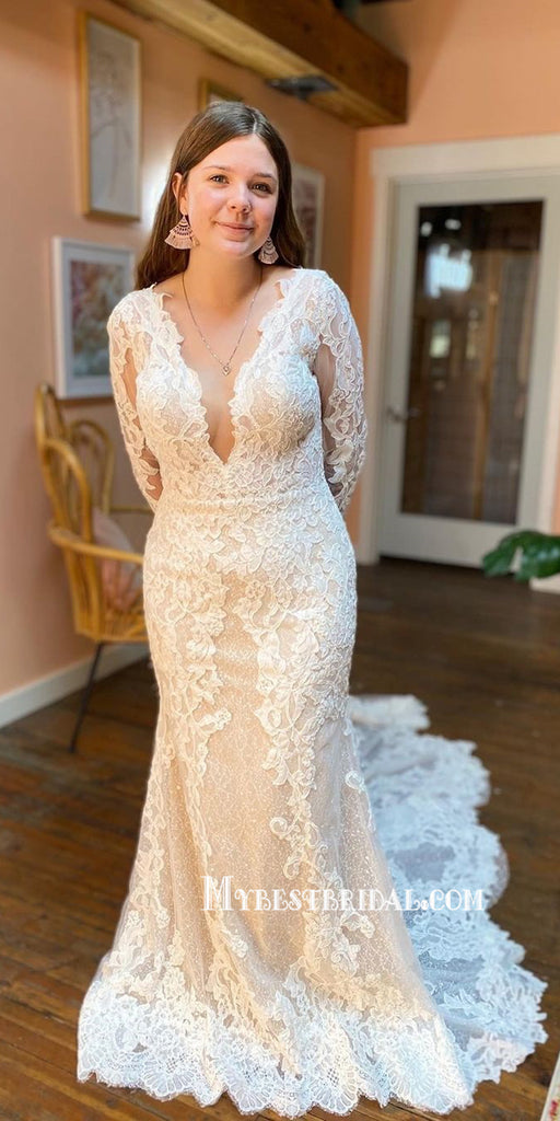 Elegant V-neck Lace Applique Long Sleeves Mermaid Long Wedding Dresses, WDS0062