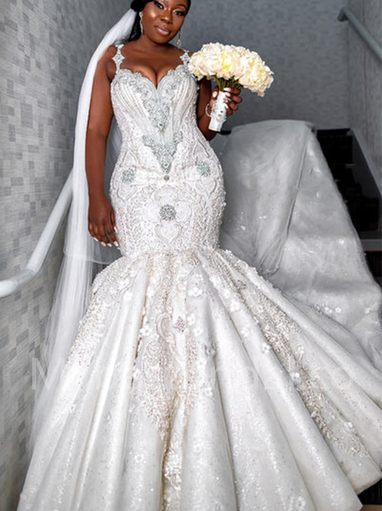 Sexy V-neck Spaghetti straps Mermaid Lace applique Wedding Dresses, WDY0292