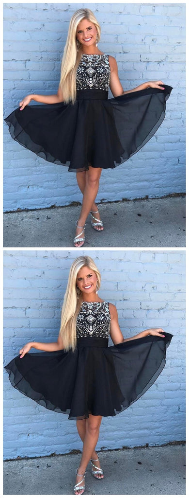 Cute Rhinestone Beaded Chiffon Short Black Homecoming Dresses 2018, BDY0173