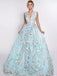 A-line V-neck Light Blue Tulle Prom Dress With Applique ,Cheap Prom Dresses,PDY0414