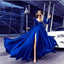 A-line V-neck Long Sleeves Dark Green Satin Prom Dress ,Cheap Prom Dresses,PDY0405