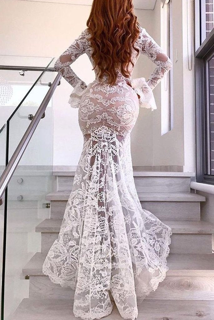 Mermaid Deep V-neck Long Sleeves Wedding Dresses.Cheap Wedding Dresses, WDY0269