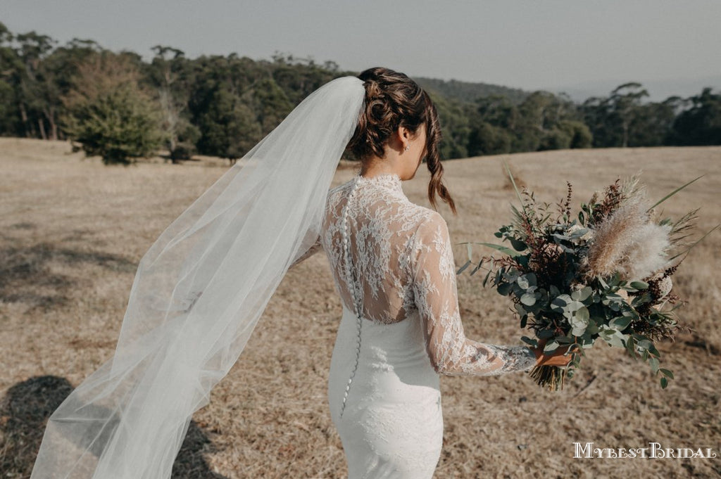 Romantic High Neck Long Sleeves Lace Mermaid Long Cheap Wedding Dresses, WDS0019