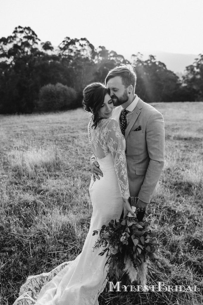 Romantic High Neck Long Sleeves Lace Mermaid Long Cheap Wedding Dresses, WDS0019