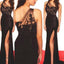 Elegant Side Split Mermaid One Shoulder Long Sleeves Black Long Prom Dress,Evening Dresses,Party Dresses,PDY0327
