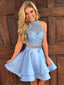 Two Pieces Blue Lace Halter Cheap Homecoming Dresses 2018, BDY0223