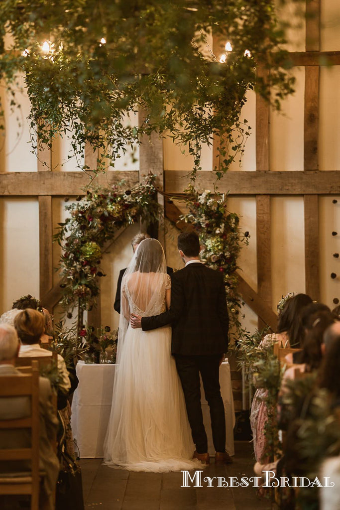 Newest Cap Sleeves A-line Beaded Tulle Gorgeous Long Cheap Wedding Dresses, TYP0097