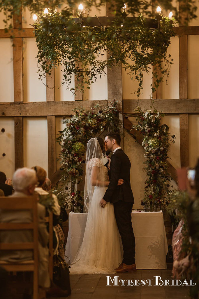 Newest Cap Sleeves A-line Beaded Tulle Gorgeous Long Cheap Wedding Dresses, TYP0097