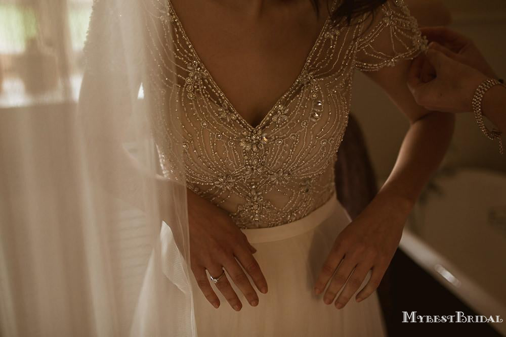 Newest Cap Sleeves A-line Beaded Tulle Gorgeous Long Cheap Wedding Dresses, TYP0097