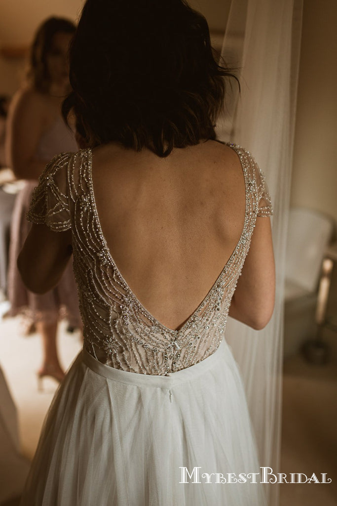 Newest Cap Sleeves A-line Beaded Tulle Gorgeous Long Cheap Wedding Dresses, TYP0097