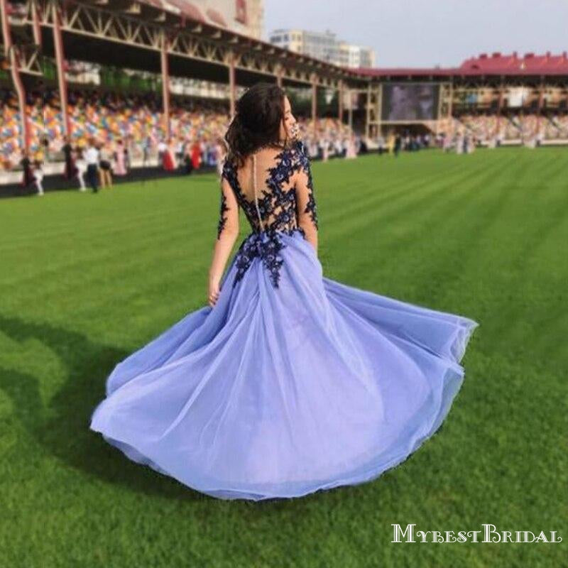 New Sexy A Line Illusion Neckline Long Sleeve Tulle Lace Applique Formal Dresses Evening Prom Dresses, PDS0056