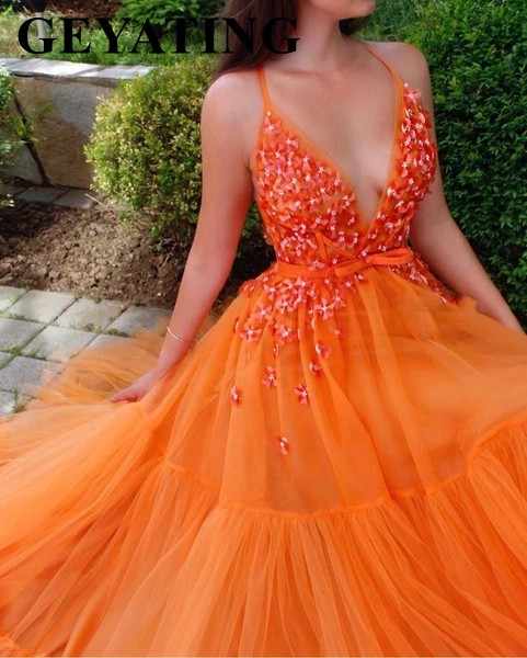 New Arrival Spaghetti Strap Sleeveless Beaded Orange Tulle A-line Long Cheap Formal Prom Dresses, PDS0006