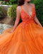 New Arrival Spaghetti Strap Sleeveless Beaded Orange Tulle A-line Long Cheap Formal Prom Dresses, PDS0006