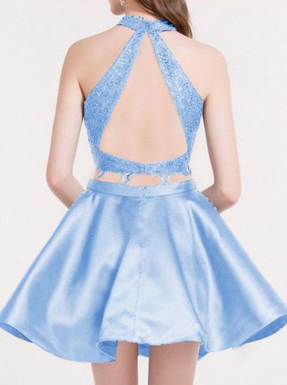 Two Pieces Blue Lace Halter Cheap Homecoming Dresses 2018, BDY0223