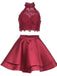 Two Pieces Blue Lace Halter Cheap Homecoming Dresses 2018, BDY0223