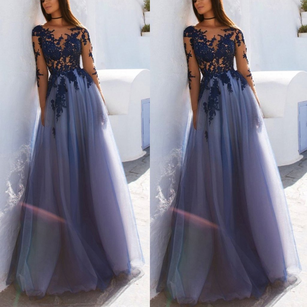 Sexy See Through Blue Lace Long Sleeve Open Back Custom Long Evening Prom Dresses , PDY0173
