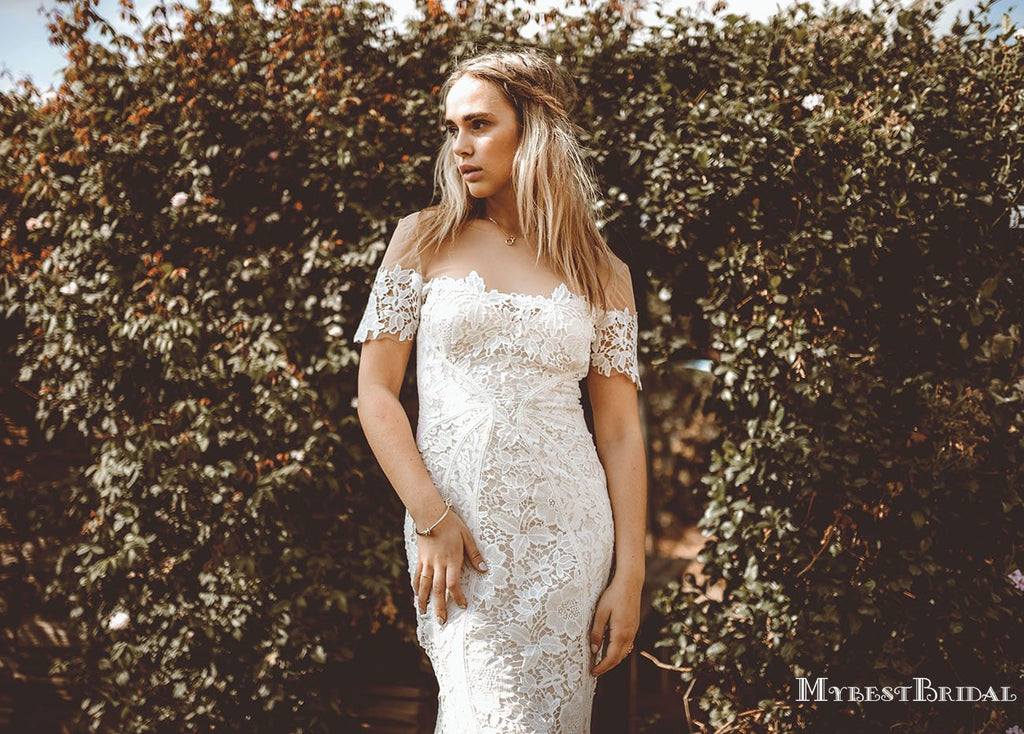 Off-The-Shoulder Charming Elegant Long Cheap Lace Mermaid Wedding Dresses, TYP0092