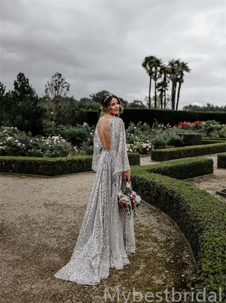 Simple V-neck Long sleeves A-line Wedding Dresses, WDY0252