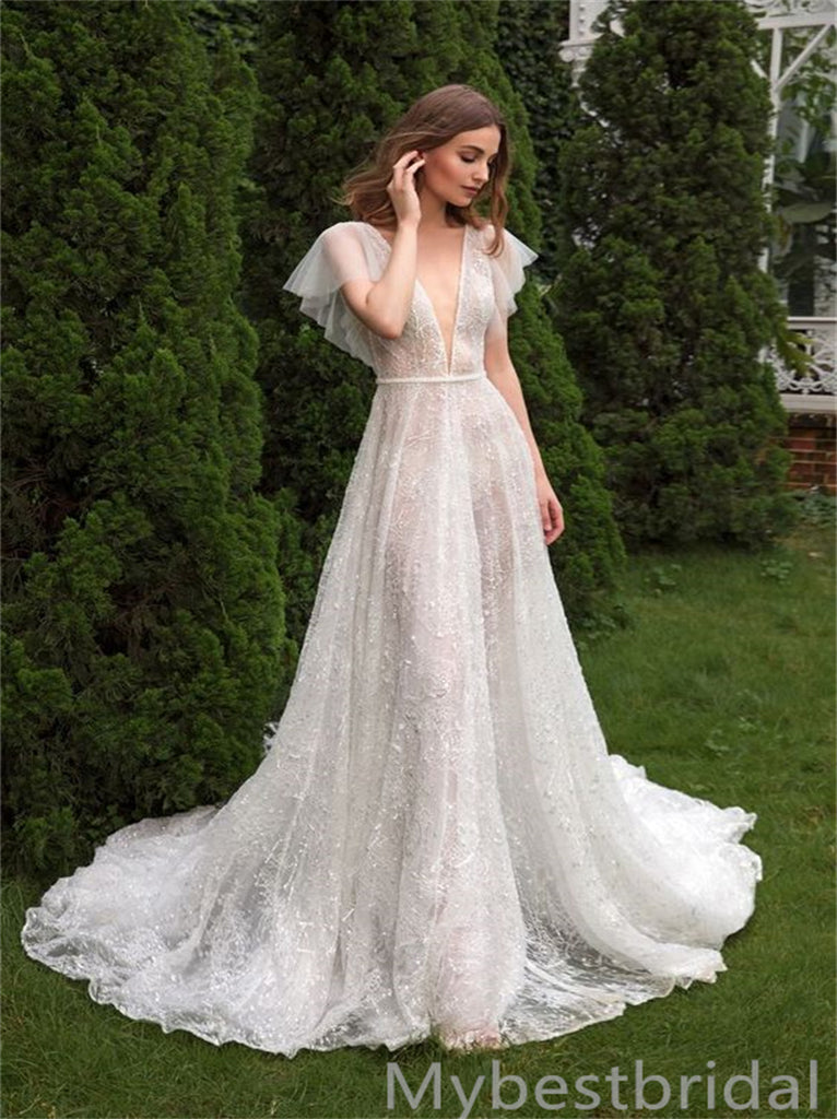 Simple V-neck A-line Sexy White Wedding Dresses,WDS0119