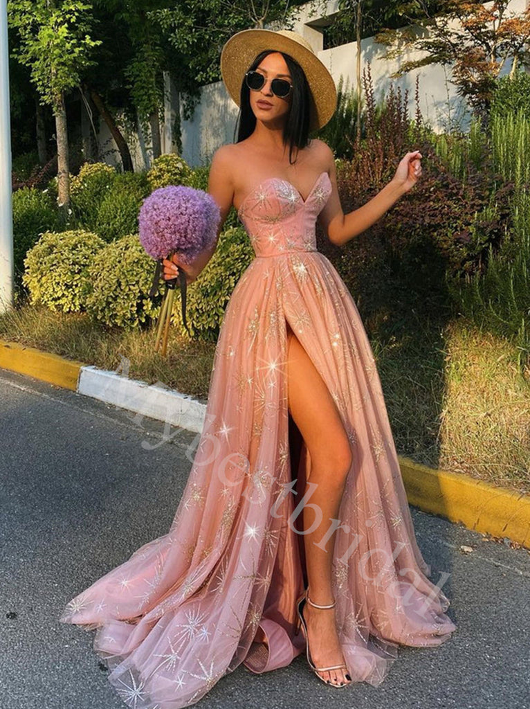 Sexy Sweetheart sleeveless Side slit A-line Long Prom Dresses,PDS0635