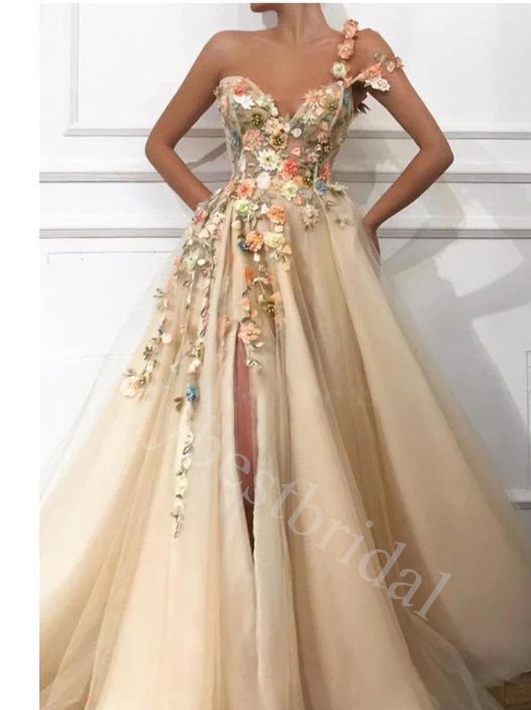 Elegant Sweetheart One shoulder Side slit  A-line Prom Dresses,PDS0664