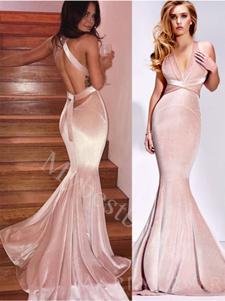 Sexy V-neck Sleeveless Mermaid Long Prom Dresses,PDS0641