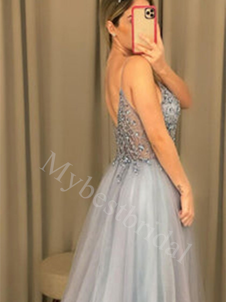 Elegant V-neck Side slit A-line Long Prom Dresses,PDS0658