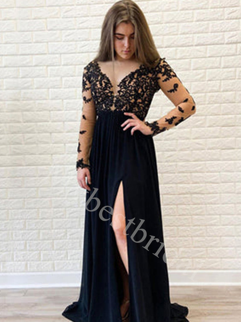 Elegant V-neck Long sleeves Side slit A-line Long Prom Dresses,PDS0640