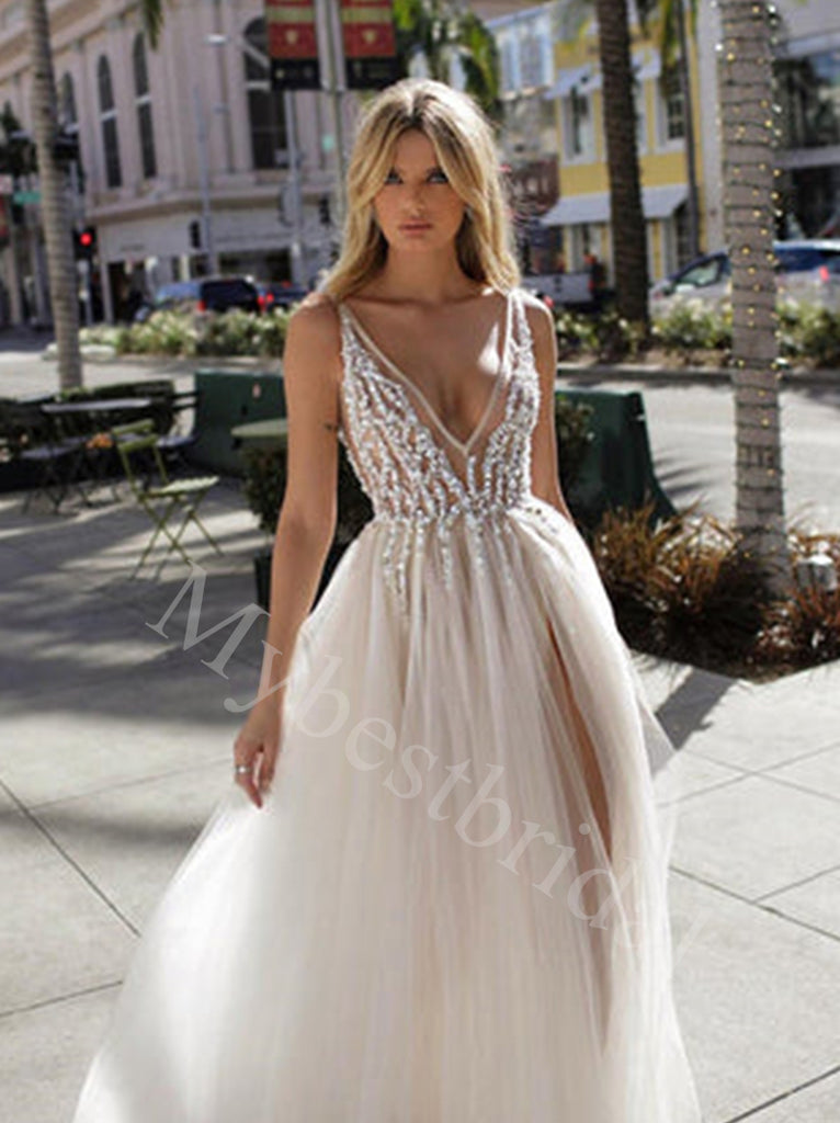 Sexy Sleeveless V-neck Side slit A-line Prom Dresses,PDS0603