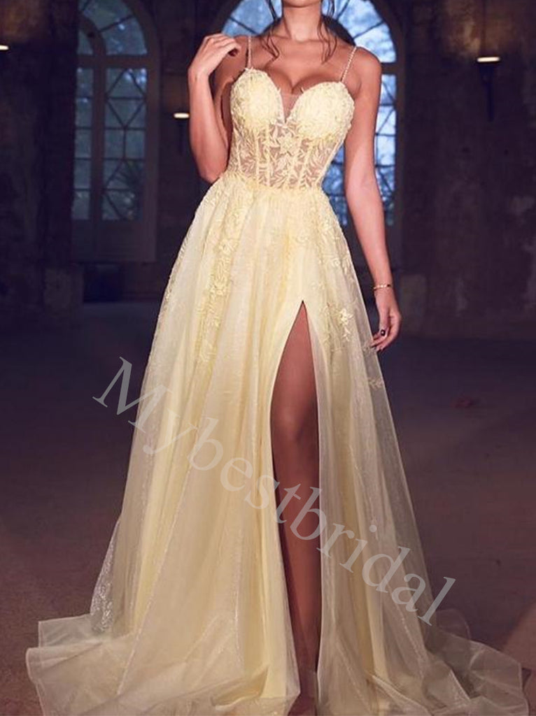 Sexy Spaghetti straps Sweetheart Sise slit A-line Prom Dresses,PDS0707