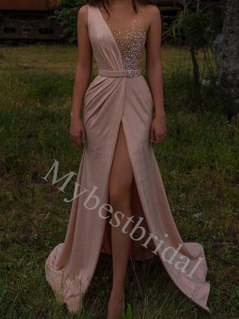 Elegant V-neck Sleeveless Side slit A-line Prom Dresses,PDS0674