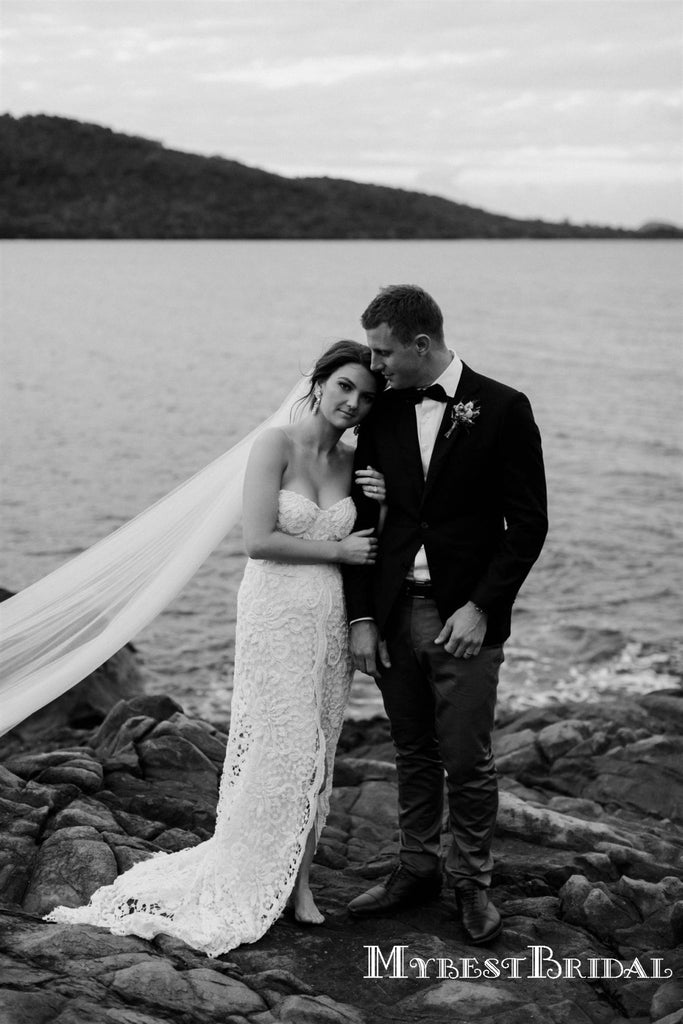 Sweetheart Charming Lace Front Slit Mermaid Long Cheap Wedding Dresses, WDS0024