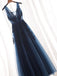 A-line V-neck Beaded Navy Blue Lace Prom Dress ,Cheap Prom Dresses,PDY0411