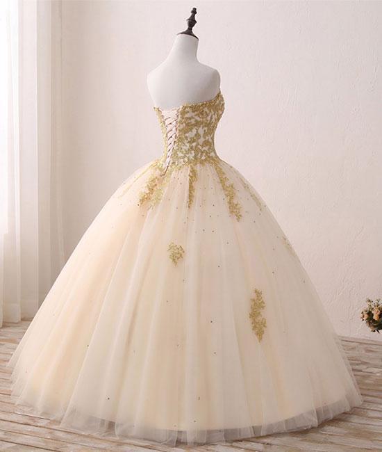 Sweetheart A-line Beaded Gold Lace Prom Dress ,Cheap Prom Dresses,PDY0412