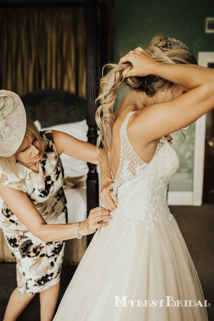 V-neck Sleeveless Long Cheap Tulle Wedding Dresses With Top Lace, TYP0013