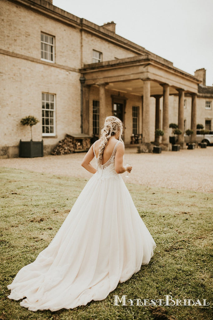 V-neck Sleeveless Long Cheap Tulle Wedding Dresses With Top Lace, TYP0013