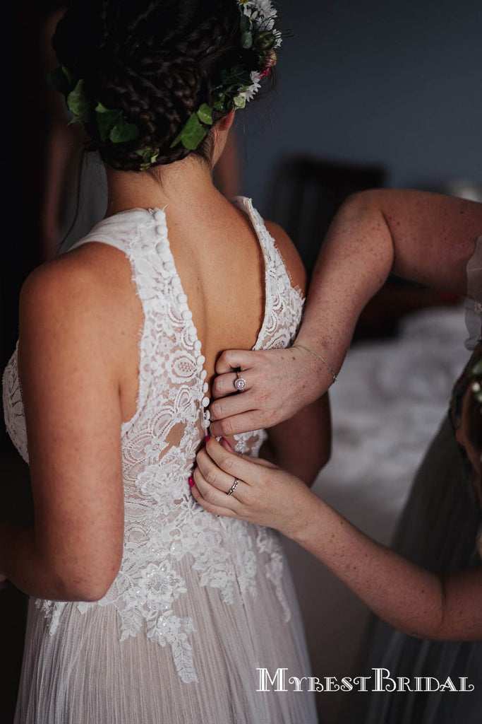 New Arrival Sleeveless Halter Top Lace Appliqued Long Cheap A-line Wedding Dresses, TYP0098