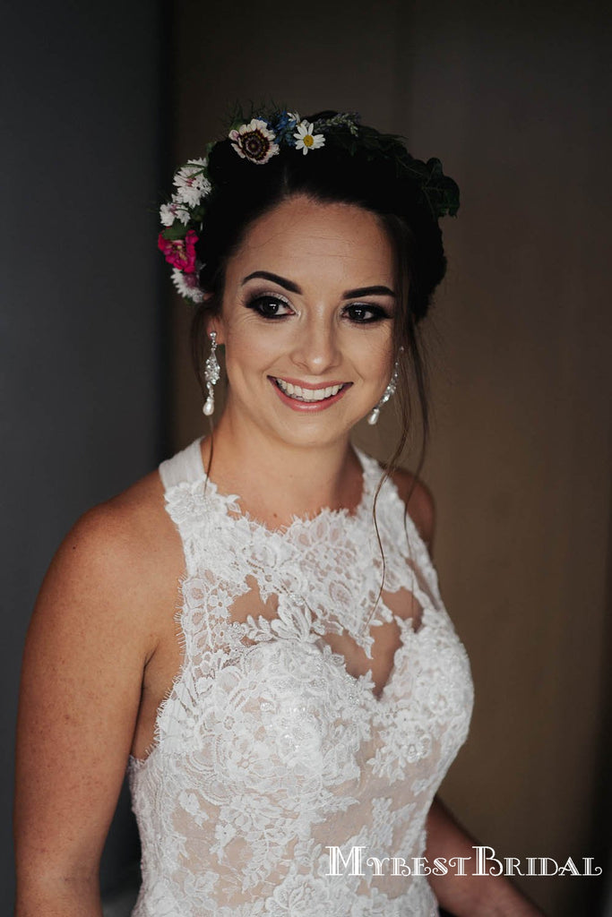 New Arrival Sleeveless Halter Top Lace Appliqued Long Cheap A-line Wedding Dresses, TYP0098