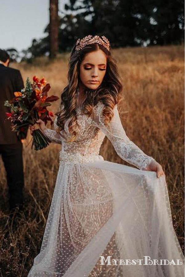 Romantic V-neck Long Sleeve Lace A-line Long Cheap Wedding Dresses, WDS0038