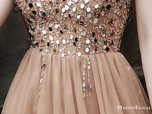 Elegant V-neck Brown Tulle Beaded A-line Short Cheap Homecoming Dresses, HDS0011