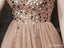 Elegant V-neck Brown Tulle Beaded A-line Short Cheap Homecoming Dresses, HDS0011