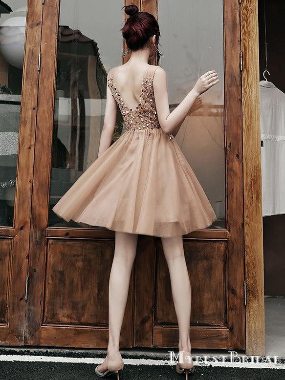 Elegant V-neck Brown Tulle Beaded A-line Short Cheap Homecoming Dresses, HDS0011