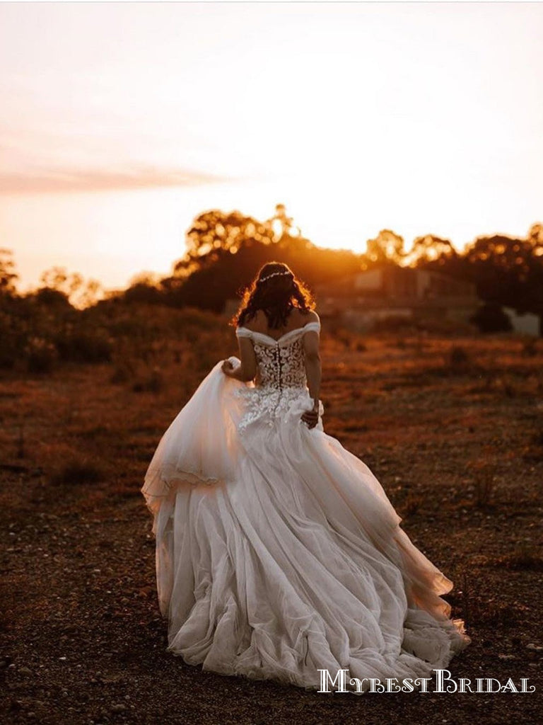 Off-The-Shoulder Lace Appliqued Tulle A-line Long Cheap Wedding Dresses, WDS0040