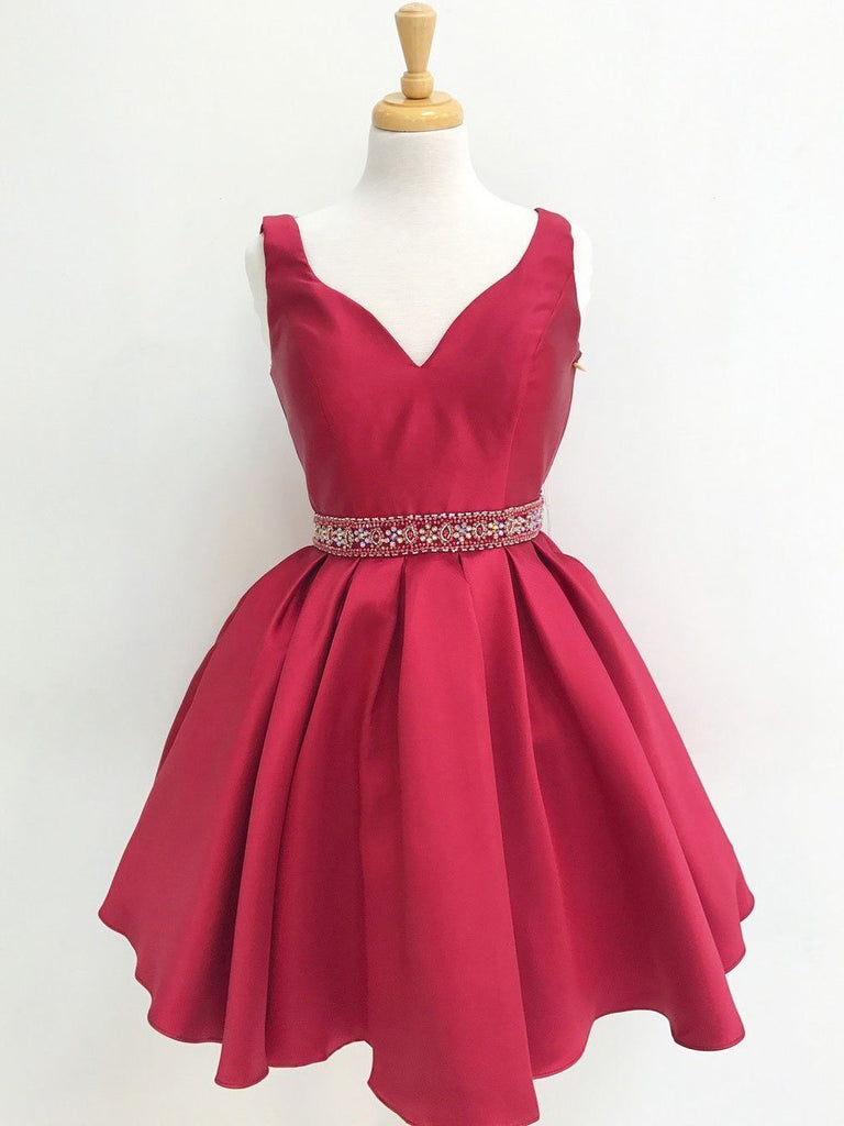 V Neck Red See Through Beading Custom Cheap Homecoming Dresses 2018, BDY0229